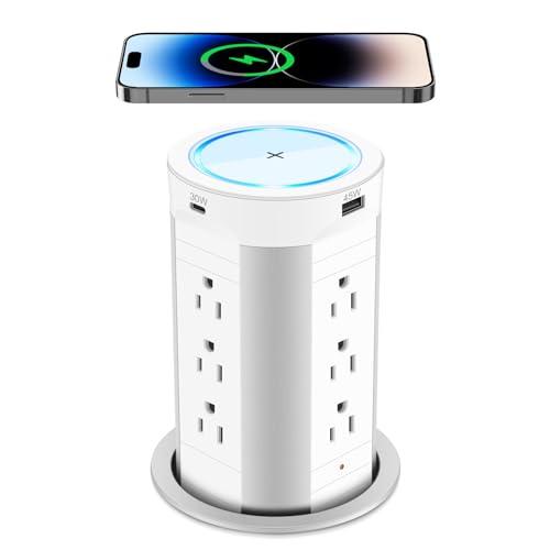 HEZI 4-inch Pop Up Countertop Outlet with 15W Wireless Charger,Max 45W Power Delivery,2 USB-A & 2 USB-C & 12AC Outlets Tamper Resistant 15A, Island Pop Out for Home Office Kitchen