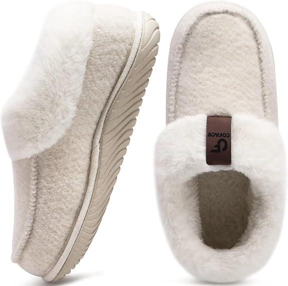 COFACE Women's Memory Foam House Slippers Arch Support Moccasin Winter Shoes Ladies Warm Fuzzy Faux Fur Collar With Indoor Outdoor Rubber Sole 9