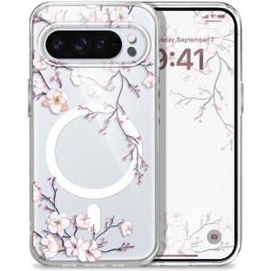 for Google Pixel 10 Pro Case, Support for Magsafe, Slim Hard Clear Magnetic Drop Protective Phone Cover for Pixel 10 Pro 6.3 inch, Plum Blossom
