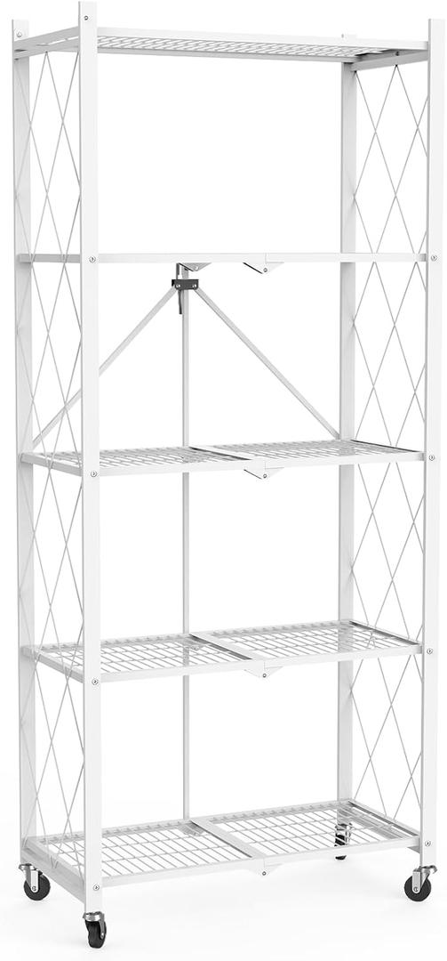 64" H 5 Tier Foldable Storage Shelf with Wheels, Folding Shelving Loads 500 LBS, Metal Steel Garage Shelves, Rolling Standing Utility Rack for Kitchen, Pantry, Office, White