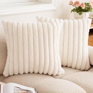 Double-Sided Faux Fur Plush Throw Pillow Covers 24x24 Set of 2 Fuzzy Striped Soft Cozy Pillowcase Luxury Decorative Pillows Square Shaggy Cushion Covers for Couch Sofa Bed,Cream White
