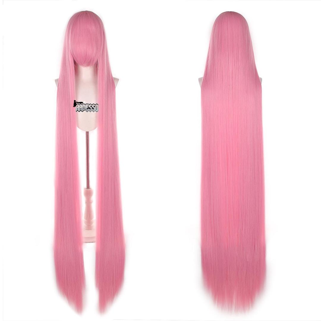 Pink Drink-078 150cm Extra‑Long DIY Cosplay Wig Straight with Uncut Bangs Heat Resistant Synthetic Hair for Anime Game Character – Cut & Style Any Look, Adjustable Cap (59 Inch)