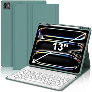 JADEMALL Keyboard Case for iPad Pro 13 inch (M4) 7th Generation 2024, Wireless Bluetooth, Detachable Keyboard with Pencil Holder, Sleep/Wake Synthetic Leather Folio, Dark Green
