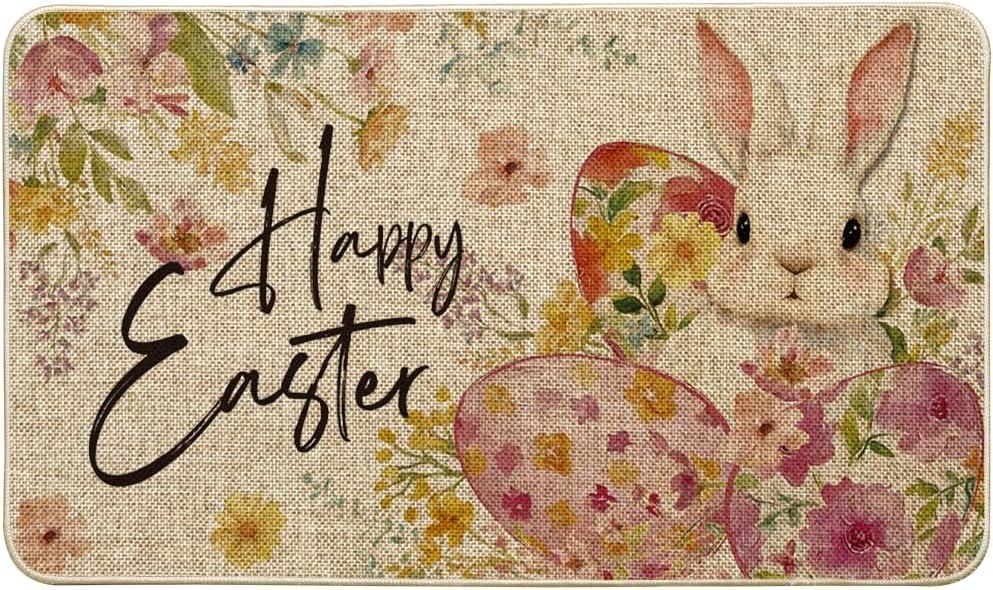 Artoid Mode Flowers Rabbit Bunny Eggs Happy Easter Doormat, Home Decor Low-Profile Switch Rug Door Mat Floor Mat for Indoor Outdoor 17x29 Inch