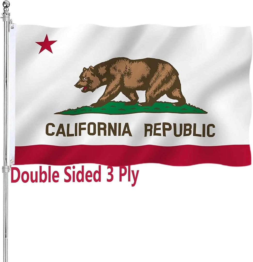 California Republic State Flag Double Sided 3x5 Outdoor Heavy Duty 3 Ply Cali Bear Flags with Durable Canvas Header and 2 Brass Grommets Vivid Colors CA Flags