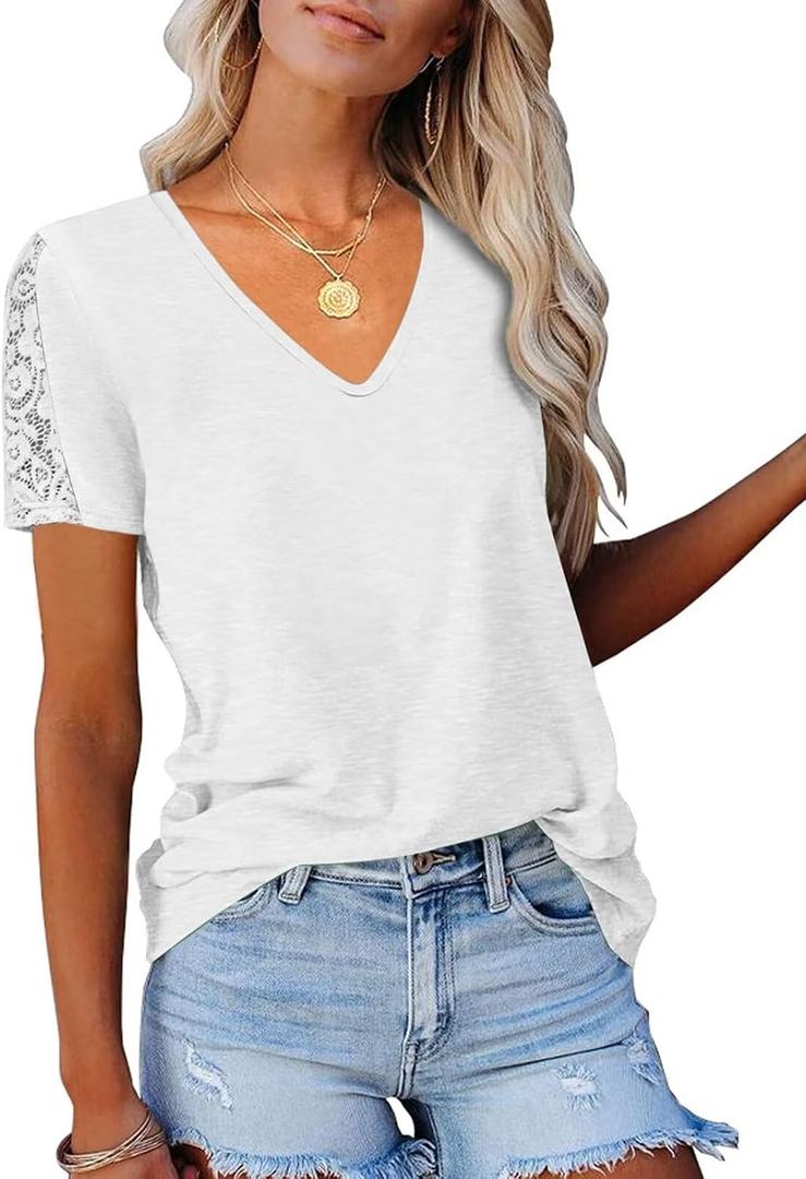 Eachyes Womens Lace Short Sleeve V Neck T Shirts Summer Casual Tops Loose Fit Tees Blouses