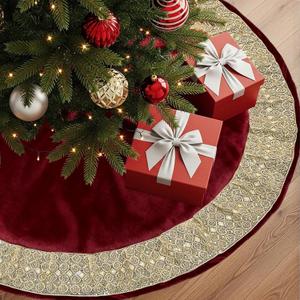 OurWarm 48In Red Velvet Christmas Tree Skirt with Gold Glitter and Bow, Classic Plush Xmas Tree Skirt for 5-7 FT Christmas Tree, Royal Large Tree Mat for Winter Holiday Home Decorations