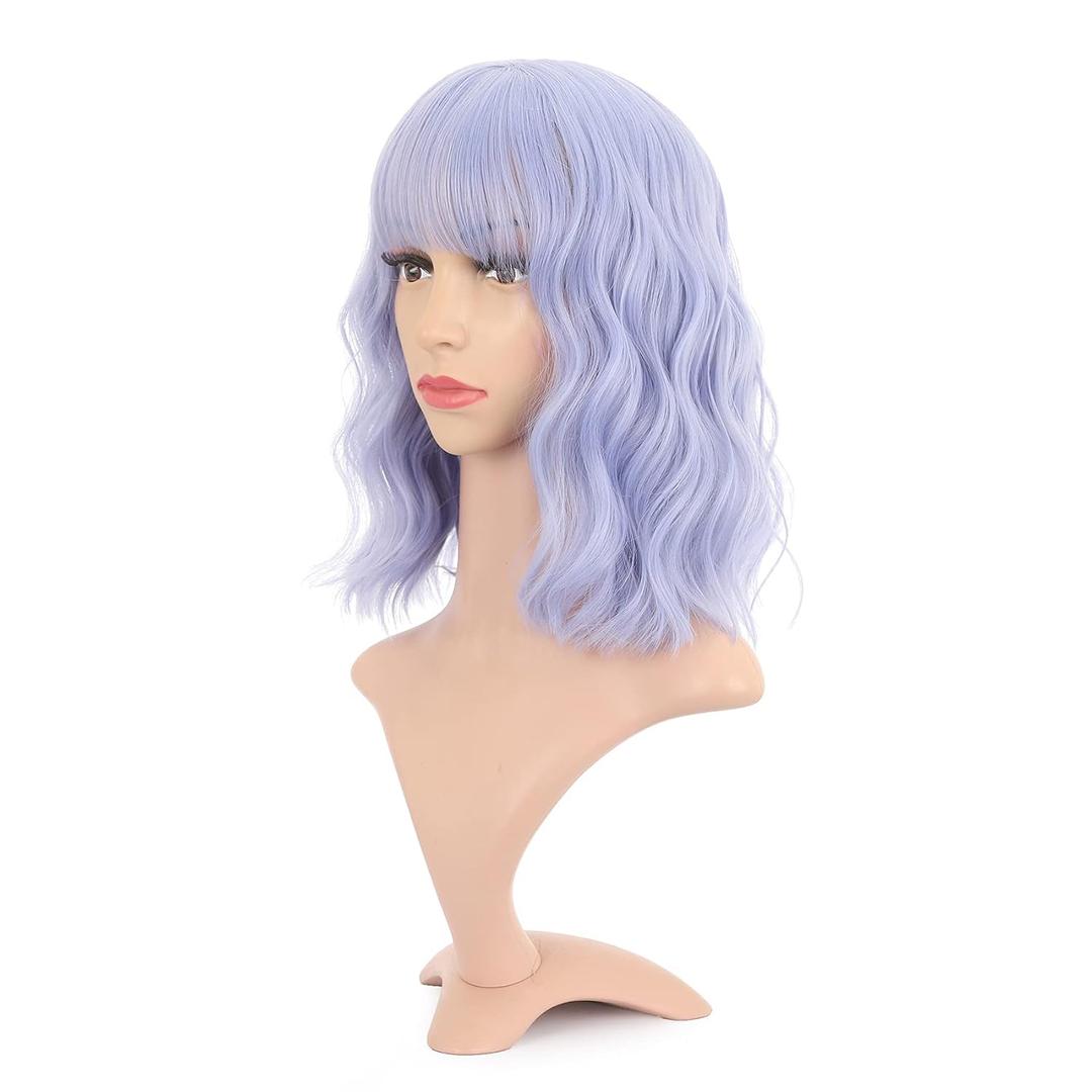 VCKOVCKO Natural Wavy Wig With Air Bangs Short Bob Grey Blue Wigs Women's Shoulder Length Curly Wavy Synthetic Cosplay Pastel Bob Wig for Girl (12", Grey Blue)