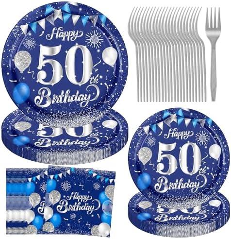 50th Birthday Decorations for Men, 96PCS 50th Birthday Decor 50th Birthday Plates and Napkins Blue and Silver Happy 50th Birthday Decorations 1974 50 Year Old Mens Birthday Decorations Serves 24