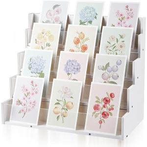 Yuntau 4 Tier Greeting Card Display Stand White Bamboo and Acrylic Sticker Display Stand Trading Card Holder Retail Photos Shelf for Vendors Craft Collection & Show