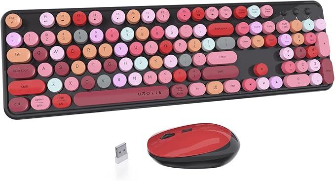 UBOTIE Colorful Computer Wireless Keyboard Mouse Combos, Typewriter Flexible Keys Office FullSized Keyboard, 2.4GHz DropoutFree Connection and Optical Mouse (BlackColorful)