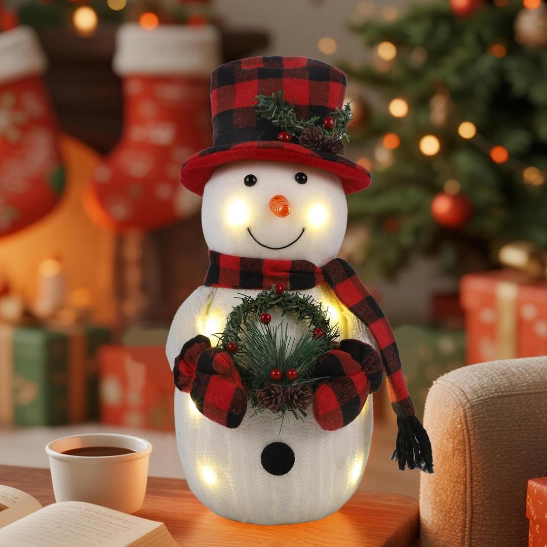 Christmas Lighted Snowman, 12" With Wreath Table Decorations, Red Black Plaid Xmas Decor for Home Kitchen Holiday Party