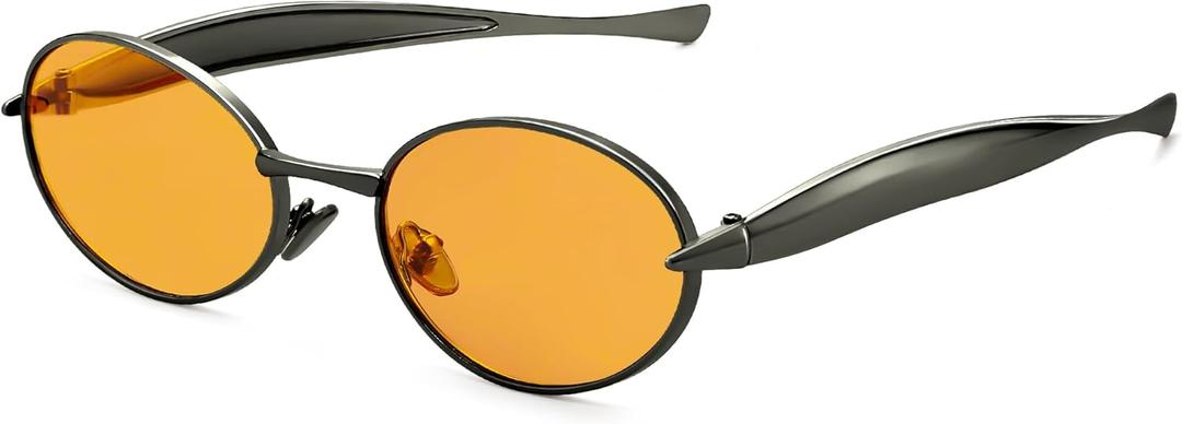 2 x VANLINKER Retro Gold Small Oval Sunglasses for Women Men Trendy Small Face 90s Metal Shades VL9885 (C2-orange)