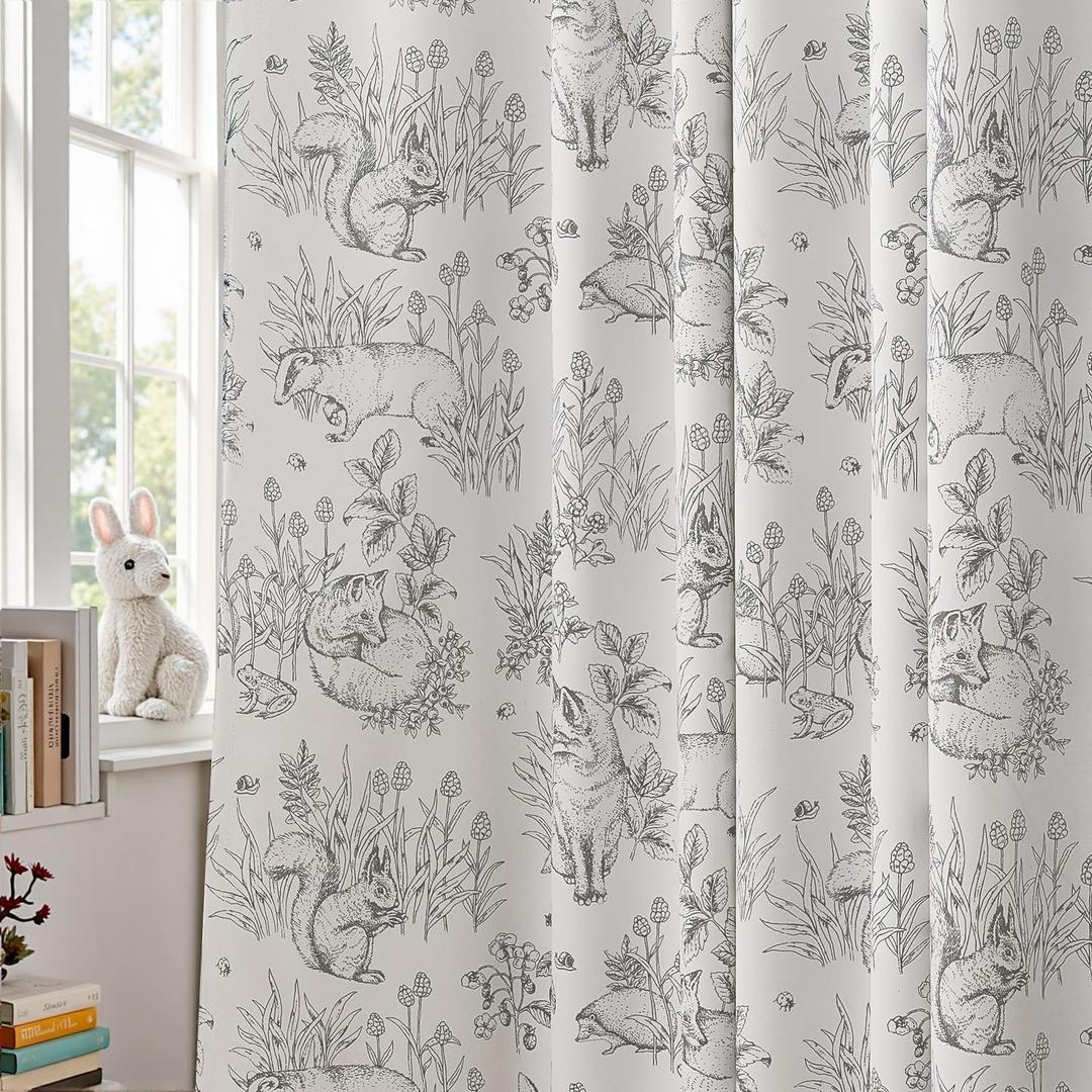 jinchan 95% Blackout Nursery Curtains 84 Inches Long, Bunny Woodland Toile Easter Decor Curtains Grey on Beige Animal Printed Drapes for Bedroom Spring Decoration Farmhouse Window Treatment 2 Panels