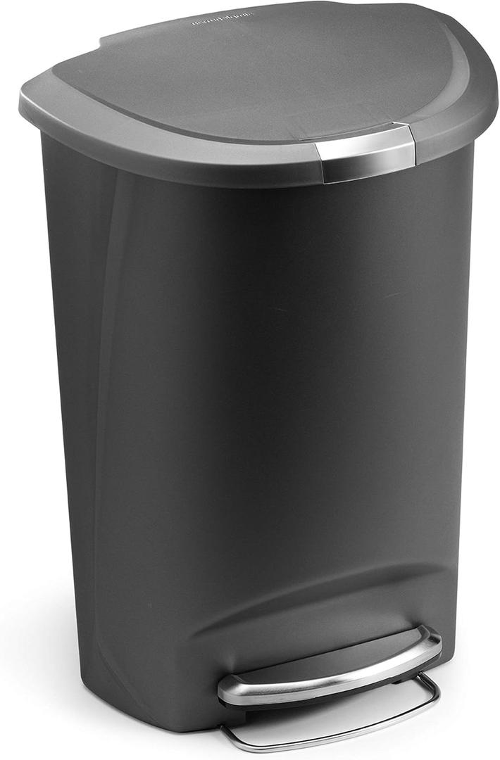 simplehuman 50 Liter / 13 Gallon Semi-Round Kitchen Step Trash Can with Secure Slide Lock, Grey Plastic