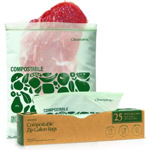 Cleanomic Compostable* Gallon Size Food Storage Bags (25 Eco Zip) Freezer and Leak Proof, Also Available Quart, Snack and Sandwich Bags