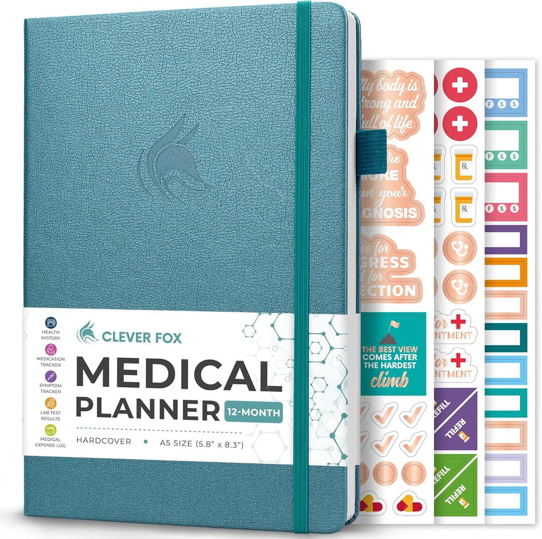 Clever Fox Compact A5 Medical Planner 12-Month  Medical Notebook, Health Diary, Wellness Journal to Track Health 12 Months (Aquamarine)