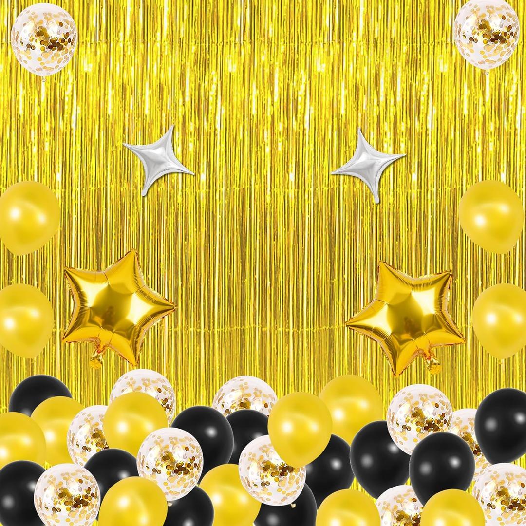 2 Pcak Foil Fringe Curtains Backdrop 6.5 FT x 3.2FT, Foil Fringe Backdrop Curtains, Gold and Black Balloons for Wedding, Birthday, Graduation Party Decorations Balloons Set