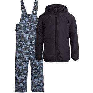 Arctic Hero Kids' Ski Set - 2 Piece Unisex Boys' and Girls' Insulated Waterproof Snow Bib with Hooded Jacket (4-18), Size 12/ 14, Black/ Camo
