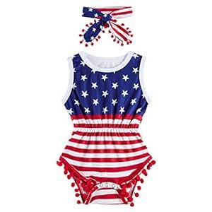 UNICOMIDEA Baby Girl Flag Outfits 0-3 Months July Fourth Clothes Funny Newborn Girl Sport Rompers With Headband Summer Sleeveless Infant Girl Playsuit
