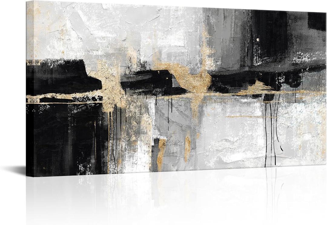 NutArtPic Black and White Canvas Artwork for Walls Abstract Canvas Prints Black Gold Gray Painting with Gold Lines Picture On Canvas Framed For Living Room Home Office Decor 24''x48''