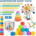 6 in1 Montessori Baby Toys 6-12 MonthsMontessori Toy for Babies 6-12 MonthsIncl 12pc Building Blocks &Silicone Pull String & Sensory Cube & Manhattan Ball& 2 Stacking Toys. Baby Development Toys, Medium