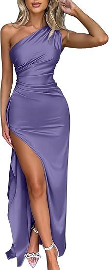 MEMORIESEA Women's Sexy one shoulder satin high Split Cocktail wedding party Maxi dress purple 04 (Small)