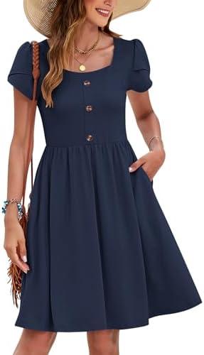 MOLERANI Women Summer Dresses Petal Sleeve Casual Square Neck Sundress Button Down 2025 Vacation Dress with Pockets, L