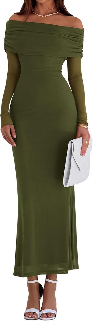 PRETTYGARDEN Fall Dresses for Women 2026 Elegant Off The Shoulder Long Sleeve Formal Wedding Guest Bodycon Maxi Dress (Army Green)