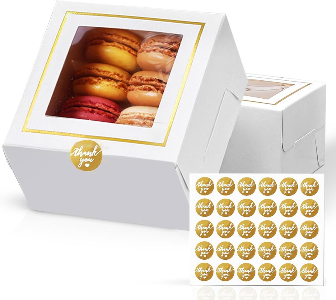White Bakery Boxes with Window (30pcs) 4x4x2.5 Inches - Small 4 Inch Cake Treat Cookie Macaron Dessert Pastry Donut Cupcake Mini 4x4 Gold Gift Box - Empaques Cajas Para Postres 4 x 4