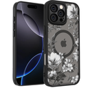 SobLn for iPhone 16 Pro Case, Black Floral Flower Pattern Case [Compatible with MagSafe] [Translucent Matte] Cute Slim Shockproof Protective Women Girls Phone Case 6.3", White Flower