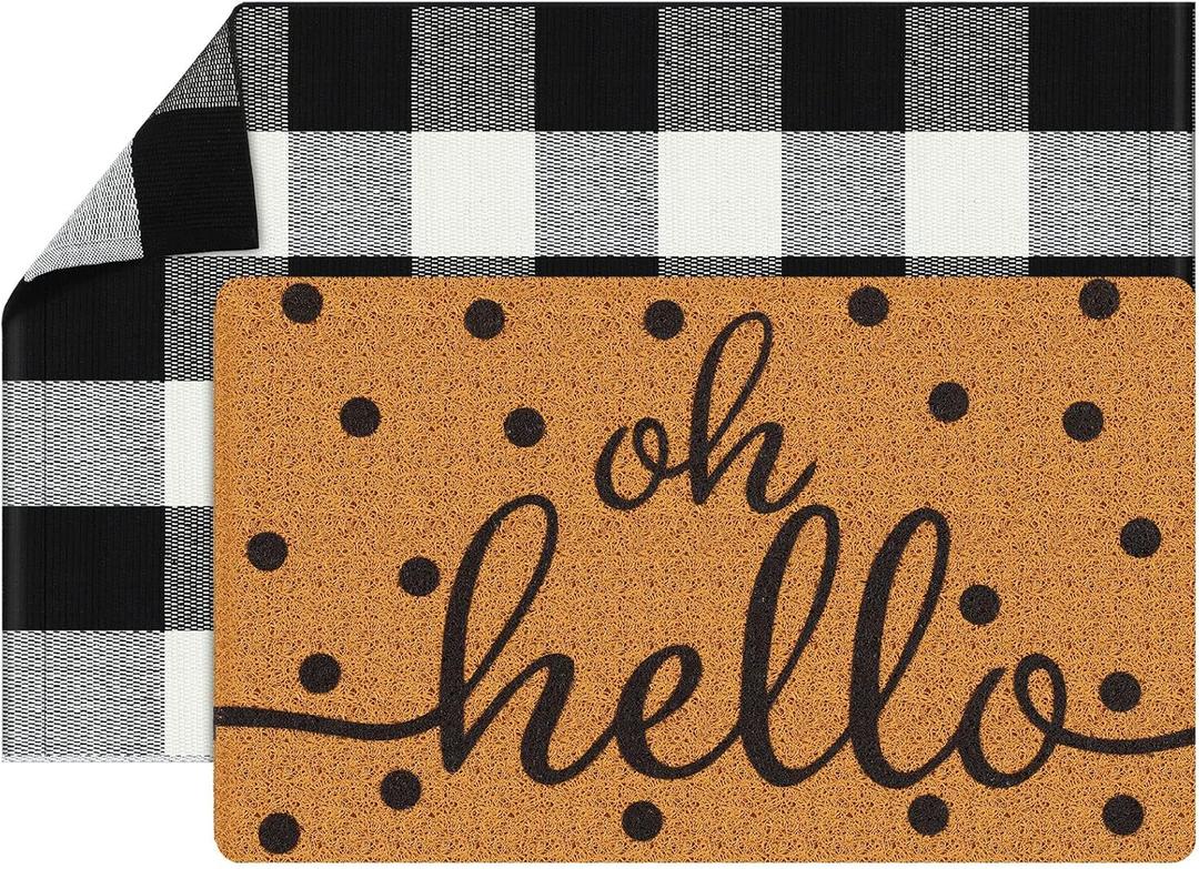 Gaybot 2 Pcs Front Door Mat Buffalo Outdoor Rug Oh Hello Doormat Decor Coir Mat Nonslip Porch Checkered Layered Front Door Rug Rustic Farmhouse Mats Entryway (Black Dot, 23.6 x 35.4 Inch)