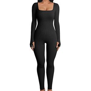YIOIOIO Women Workout Seamless Jumpsuit Yoga Ribbed One Piece Long Sleeve Leggings Romper Small,  