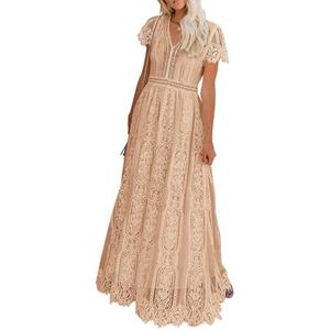 MEROKEETY Women's 2026 V Neck Short Sleeve Floral Lace Wedding Dress A Line Boho Bridesmaid Cocktail Party Maxi Dress, Apricot, Medium
