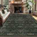 6x9 Floral Washable Area Rug for Living Room, Vintage Boho Large Rug for Bedroom Dining Room Distressed Botanical Birds Non Slip Low Pile Forest Animal Throw Carpet for Farmhouse Office, Dark Green