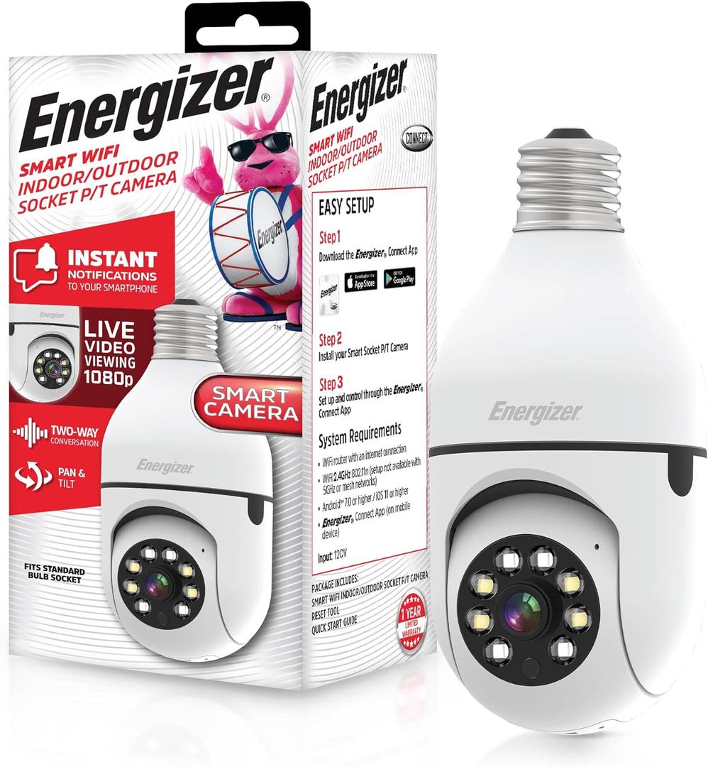 Energizer Connect Smart 1080p HD Outdoor Security Socket Camera with Siren Alarm, Remote Access, Motion Alerts, 2 Way Audio and Night Vision, 2.4GHz Wi-Fi, White