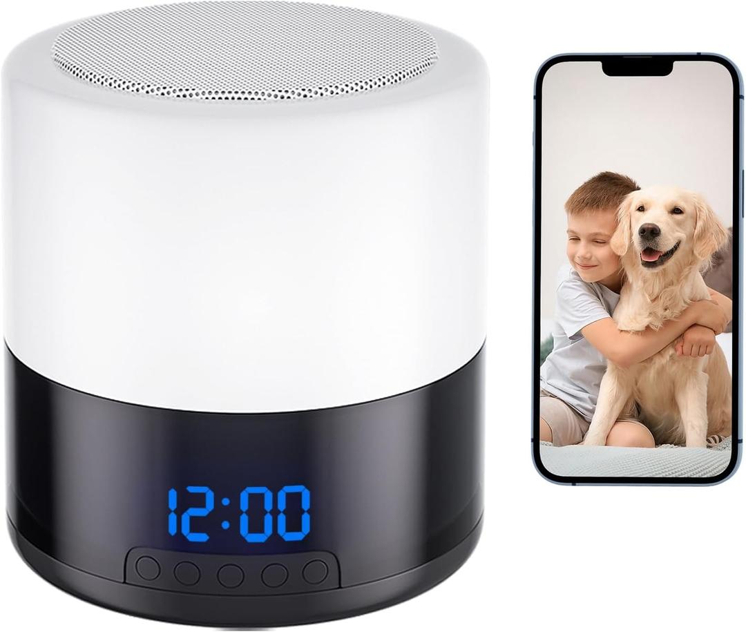 Zyee Syee Security Camera with Bluetooth Speaker, 1080P Wireless Indoor Camera for Home Security/Baby/Pet, Clock Camera with Rotating Lens, Night Light, Motion Detection (Included 128GB SD Card)