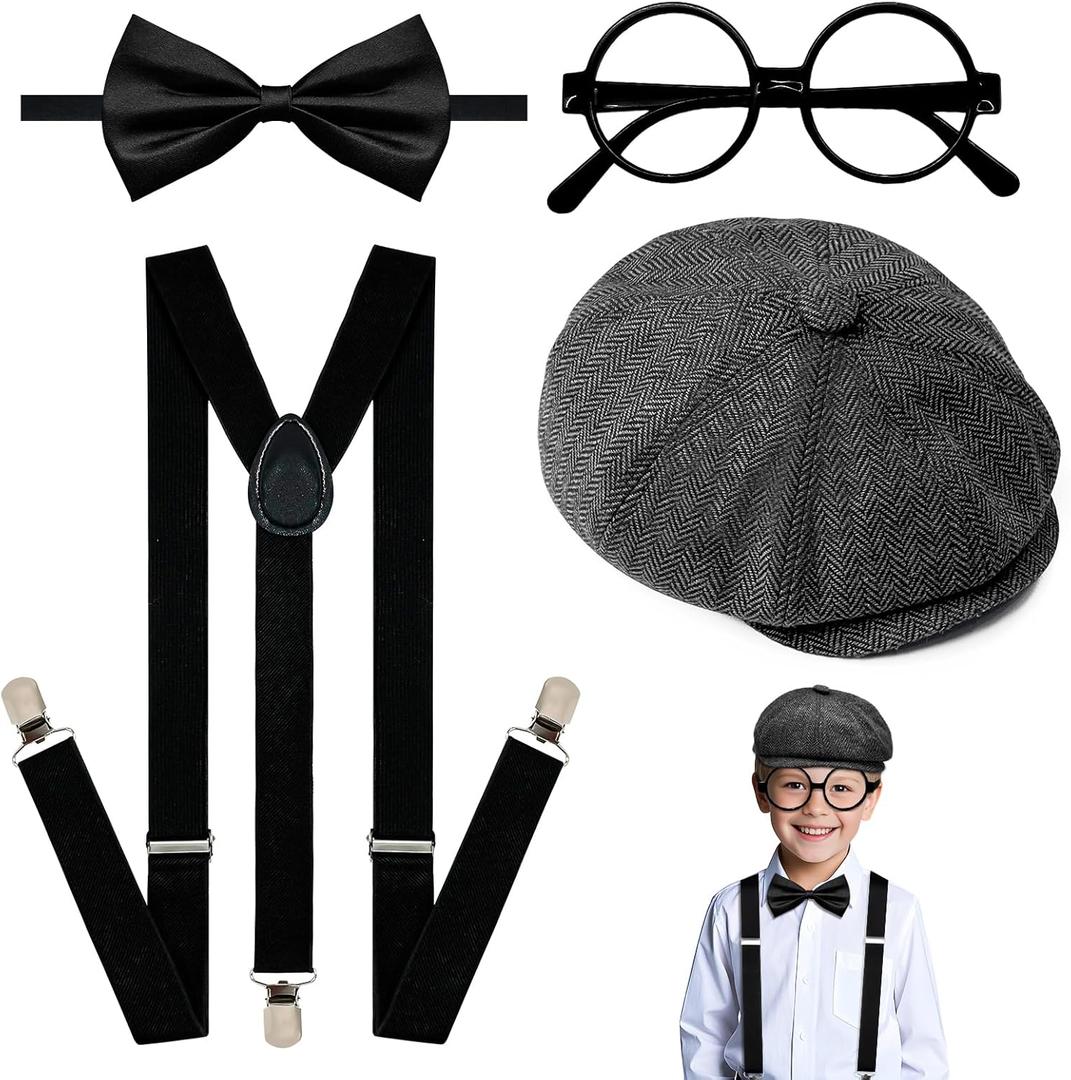 4Pcs Kids Boys Suspenders Bowtie Set with Black Glasses Newsboy Cap for Boy Girl Wedding 100 Days of School Costume
