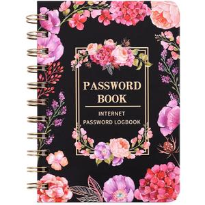 Iceemee Password Keeper Book with Alphabetical TabsSmall Password Books Password Notebook for Internet Website Address Log in Detail, Password Logbook Gifts for Home and Office (Flower Black)