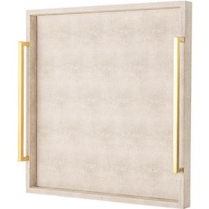 Large Ottoman Tray for Coffee Table,Square Shagreen Leather Decorative Tray with Gold Handles for Living Room Decor (20" x 20" x 3", Ivory)