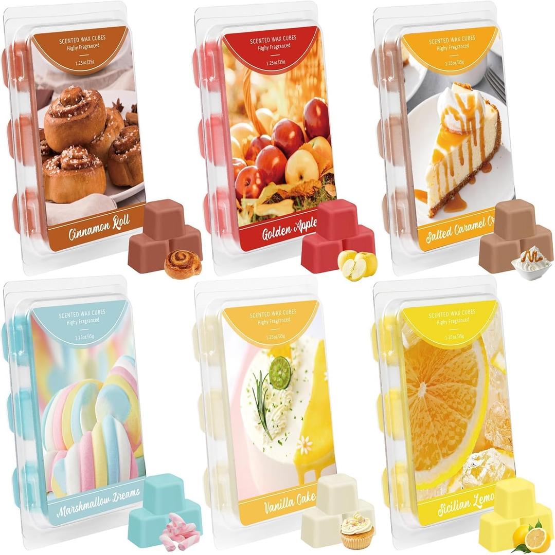 LA BELLEFE Wax Melts, Wax Cubes Strong Scent for Warmer -Cinnamon Roll, Marshmallow Dreams, Sicilian Lemon, Salted Caramel Cream, Vanilla Cake, Golden Apple, 6 Pack, 36-Cube