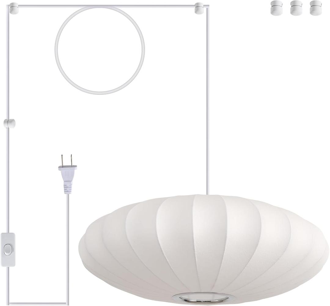 19.7in Plug in Lantern Pendant Light, White Imitation Silk Pendant Light Wabi Sabi Saucer Japanese Bubble Hanging Lamp Chandelier for Living Dinning Room Kitchen Island Bedroom 1 Pack