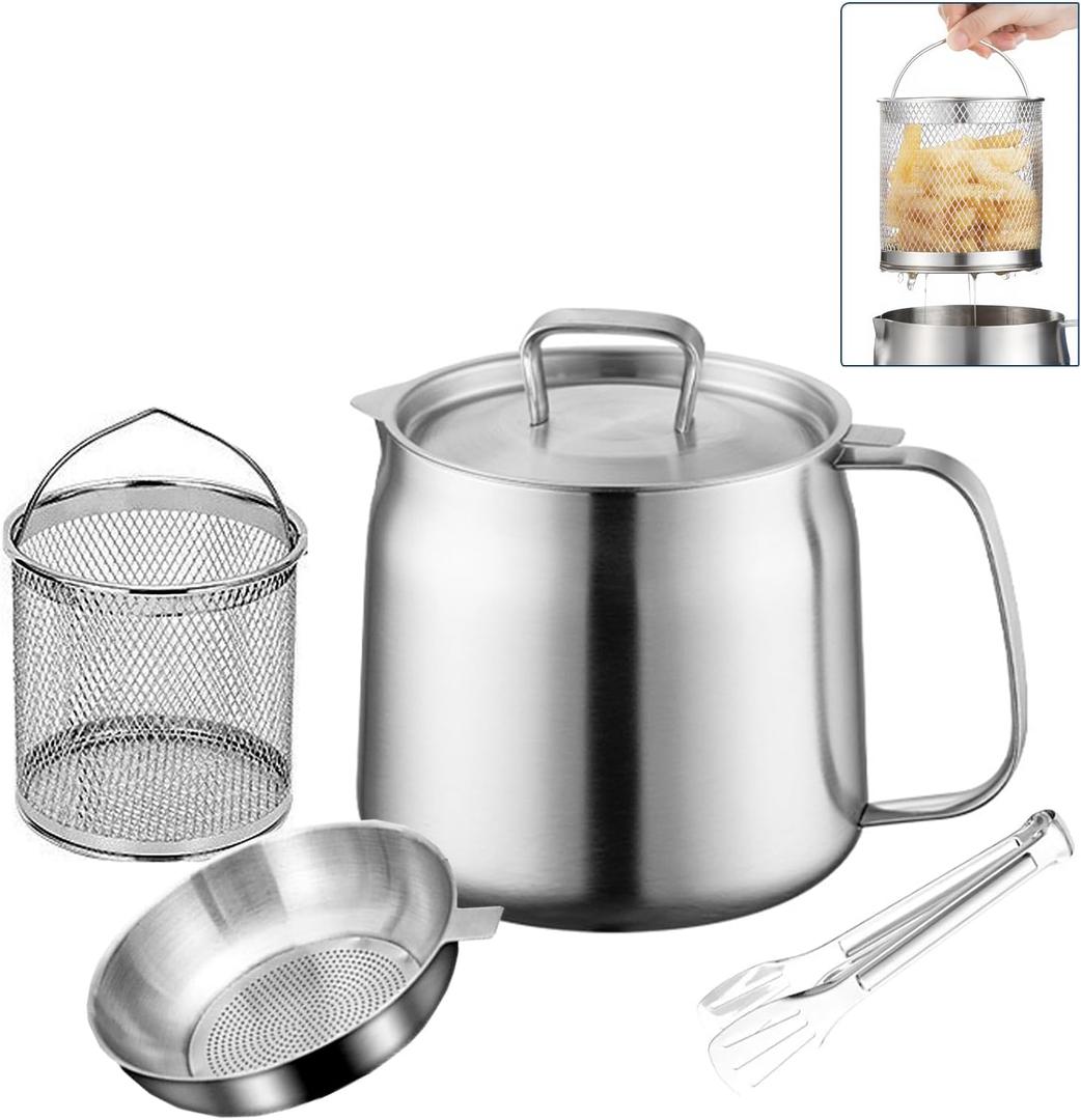 Deep Fryer with Basket and Oil Filtration, 304 Stainless Steel 2L, Bacon Grease Saver with Strainer, Deep Fryer Pot with Basket, Bacon Grease Container for Kitchen, Oil Container, Freidora de Aceite
