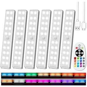 Under Cabinet Lighting Wireless with Remote, 48 LED Rechargeable Under Cabinet Lights, Kitchen Counter Lights Dimmable LED Closet Light RGB Bar for Shelf, Car, Hallway, 15 Color Changing, 5 Pack