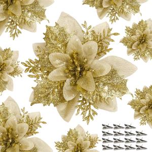 Childom 15 PCS Gold Poinsettia Flower Artificial Poinsettia With Clips Christmas Decor Glitter Poinsettia Christmas Ornaments Christmas Tree Flower Decorations with Stems DIY Xmas Wreath Holiday Party
