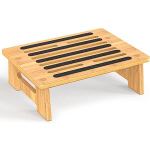 One Step Stool for Adults Seniors and Kids with Non-Slip Surface, Natural Bamboo Stepping Stools for High Bed, Bathroom and Kitchen, Hold Up to 450 LBS, Lightweight, Waterproof, Easy to Install