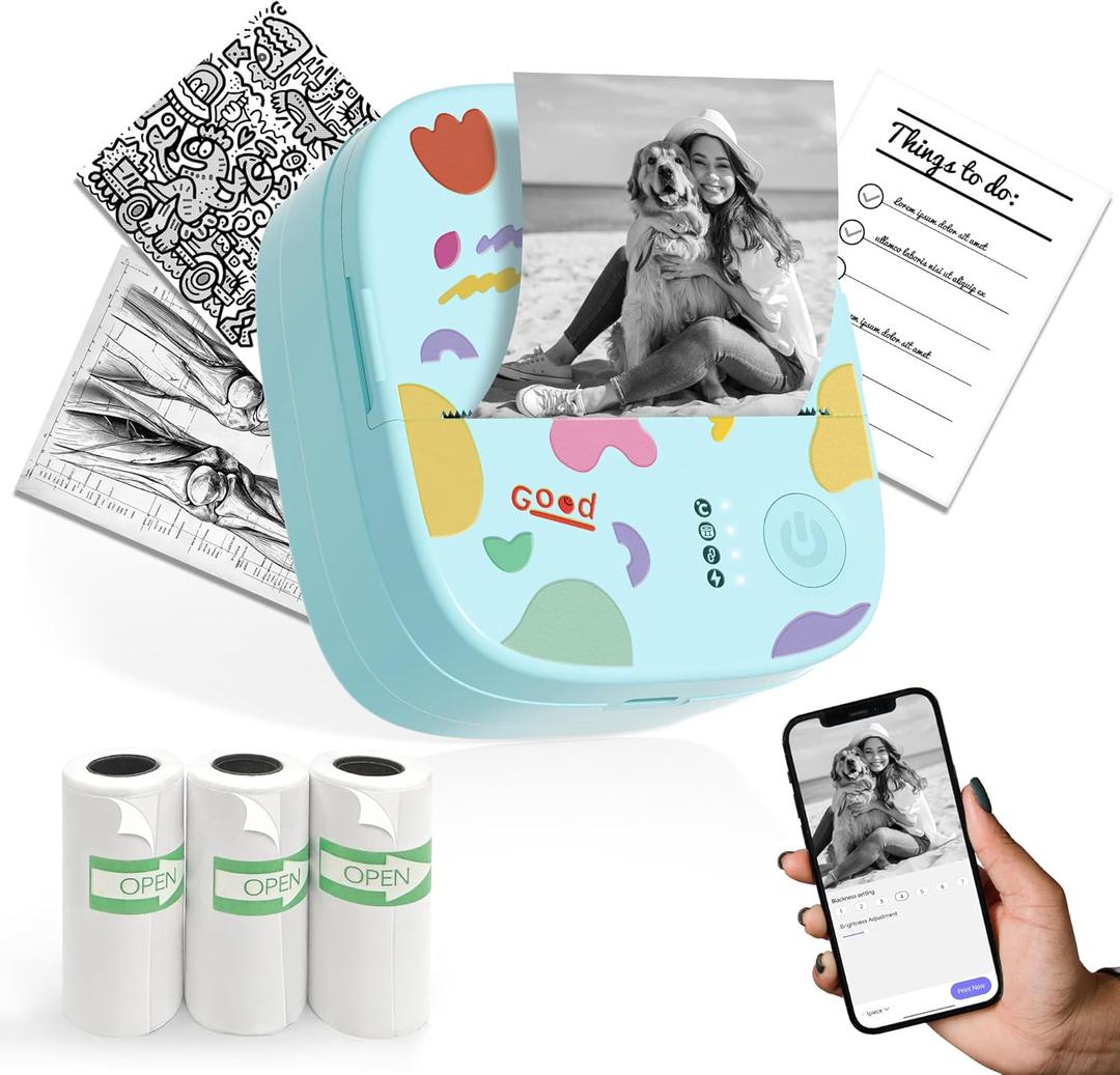 Mini Sticker Printer AHM2, Mini Thermal Printer with 3 Rolls Paper, Portable Bluetooth Inkless Printpods, Pocket Label Maker Suitable for Creative Kids DIY, Diaries, Photos, Study Notes - Blue