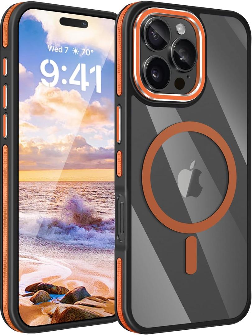 Fingic for iPhone 16 Pro Case[Fits for Magsafe][Dropping Tested]Antislip Magnetic Case Hard PC Soft TPU Edge Rugged Bumper Antiscratch Protective Shockproof Case for Women Men for iPhone 16 Pro, Orange