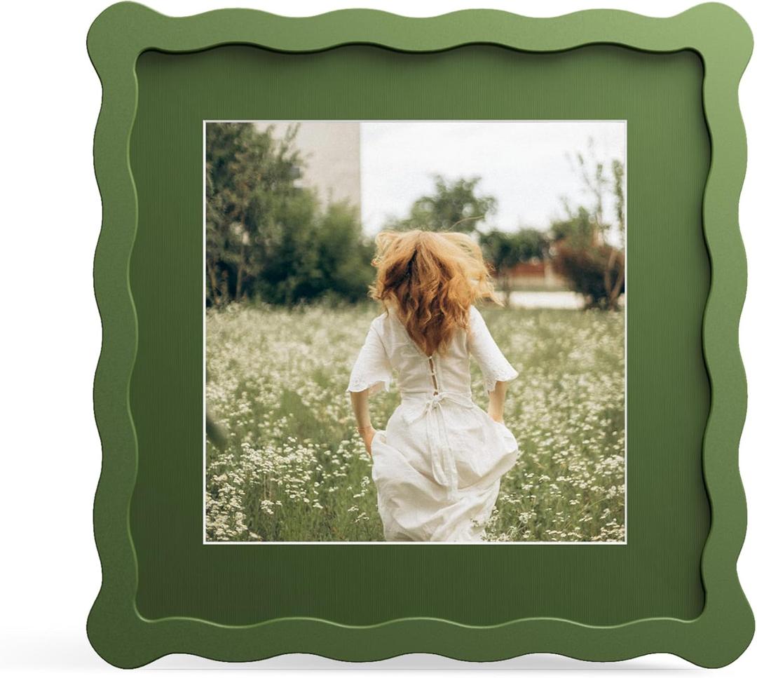 8x8 Picture Frame with Mat for 6x6, Wavy Edge Wooden Real Glass Photo Frame for Tabletop and Wall Hanging, Green, 1 Pack