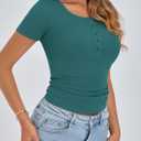 PRETTYGARDEN Womens 2026 Summer Short Sleeve Tops Ribbed Henley Button Slim Fit Basic Casual T Shirts Blouse Fashion Clothing (Blue, M)